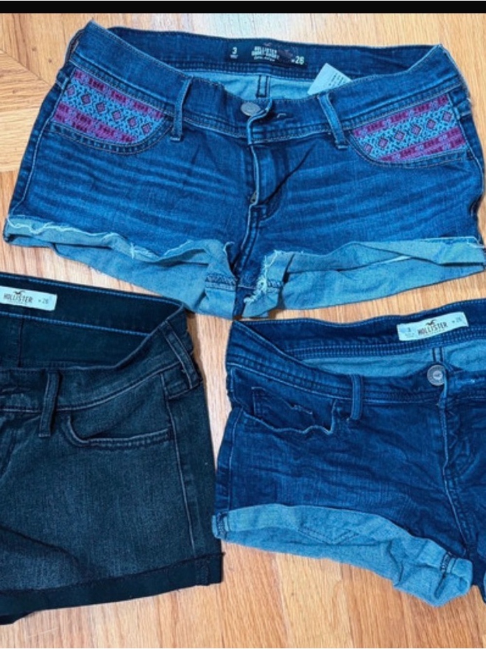 LOT of 3 Hollister Denim Short Trio in Blue and Black with Pink Embroidery